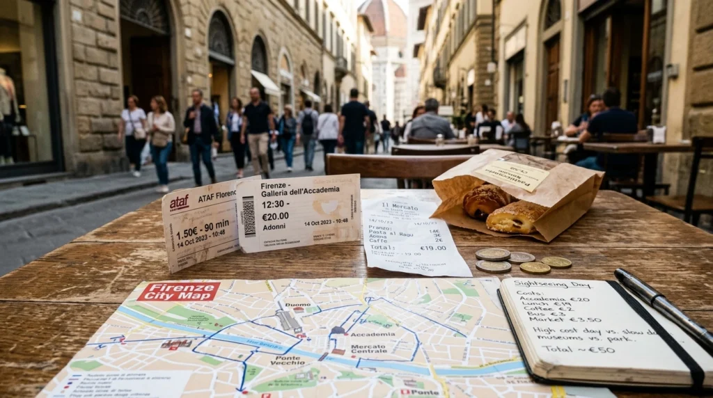 Receipts, transit ticket and museum ticket showing one day's spending