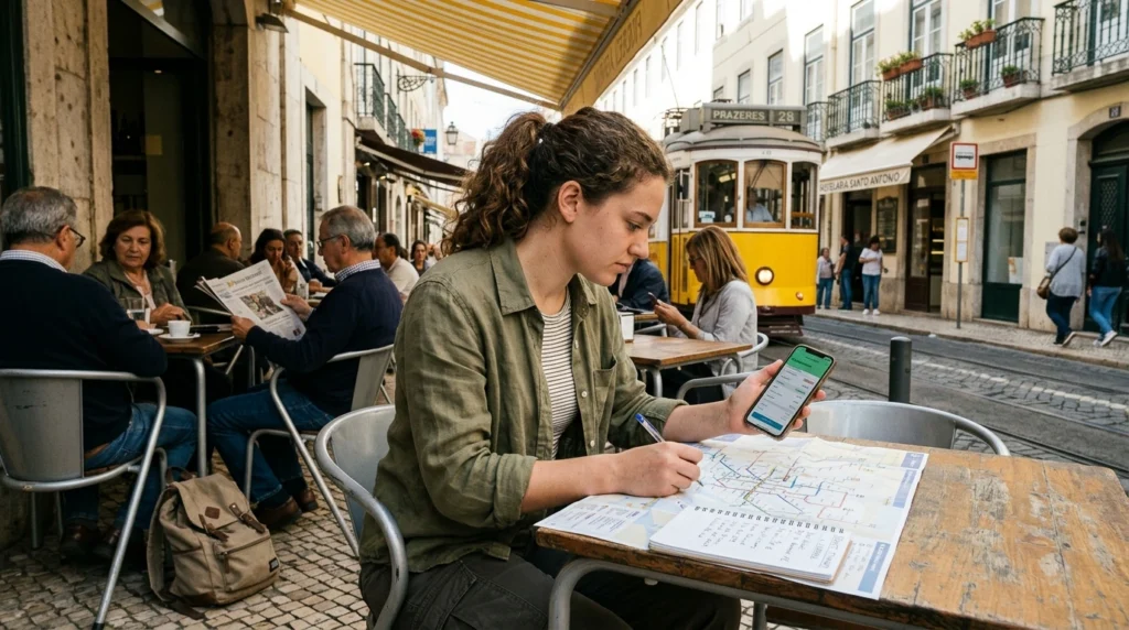 Maya Carter comparing accommodation, food and transport prices at a cafe