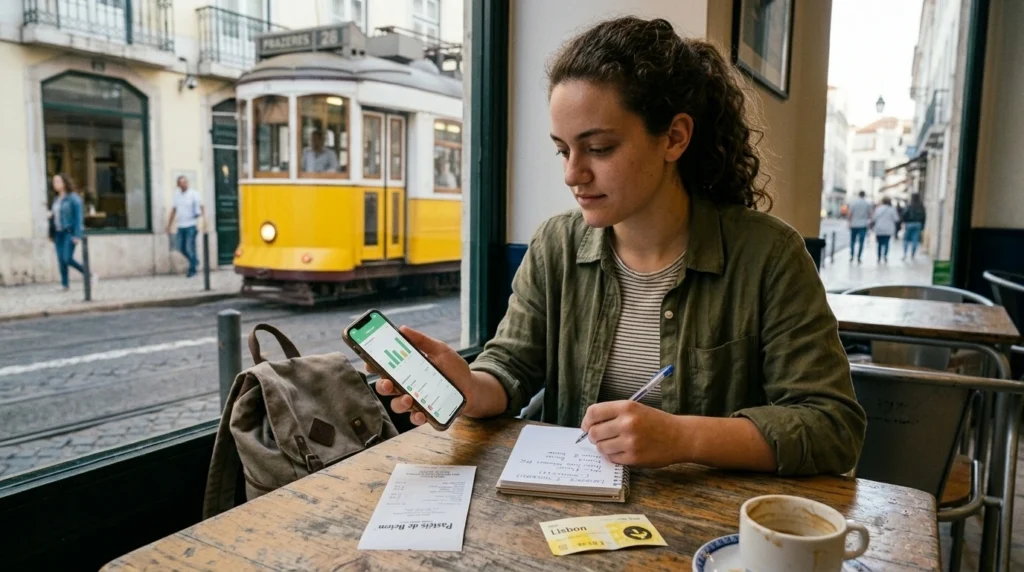 Maya Carter updating a travel budget with planned and actual spending