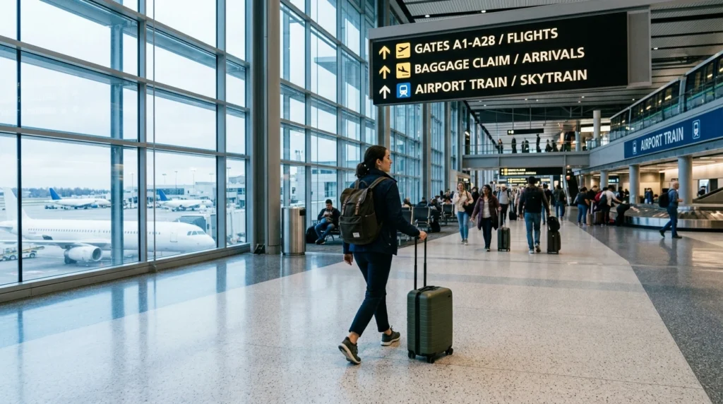 Passenger with carry-on luggage walking through an airport terminal
