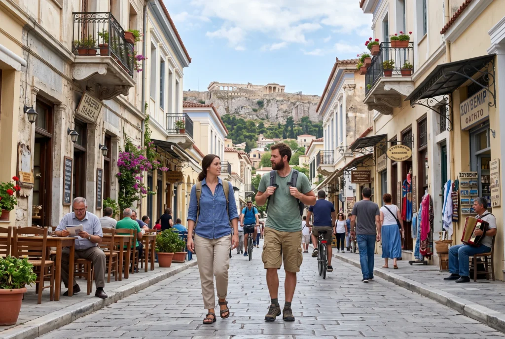 Travelers exploring Athens on a Greece budget trip