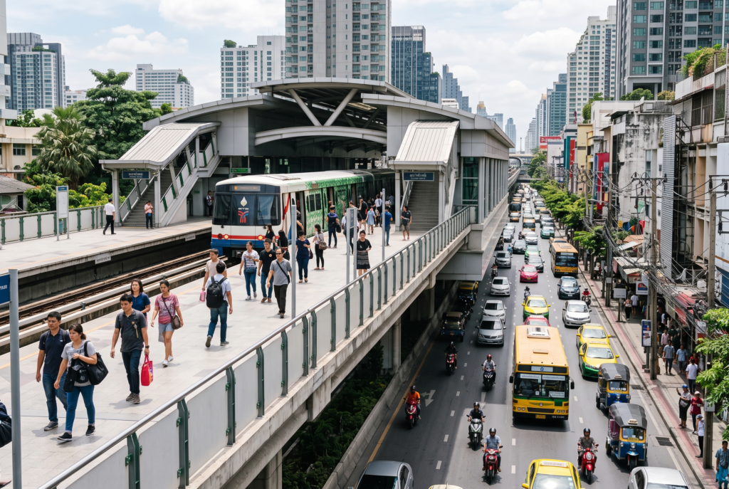 Travelers using public transportation in Bangkok, Thailand