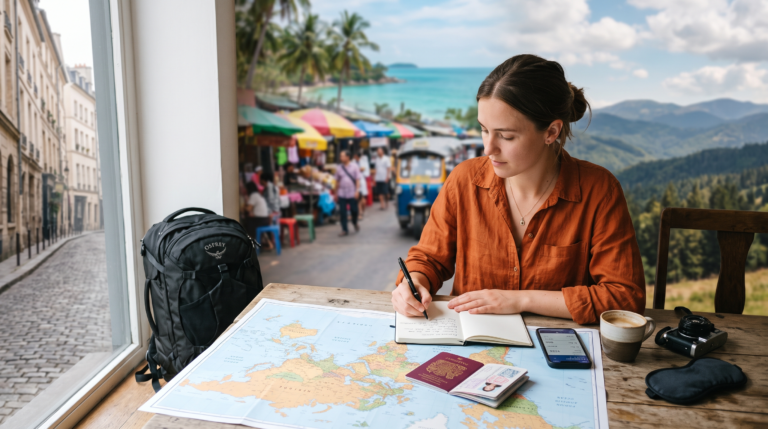 Traveler planning an affordable international trip with a map, passport, and budget notes