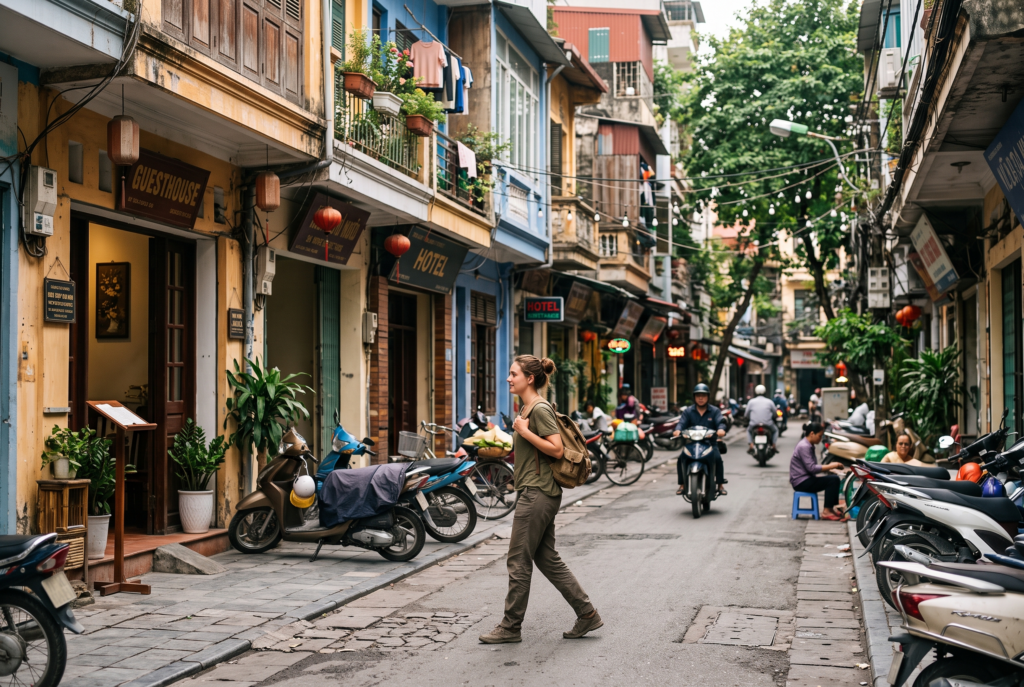 Budget traveler walking past guesthouses on a local street in Hanoi, Vietnam