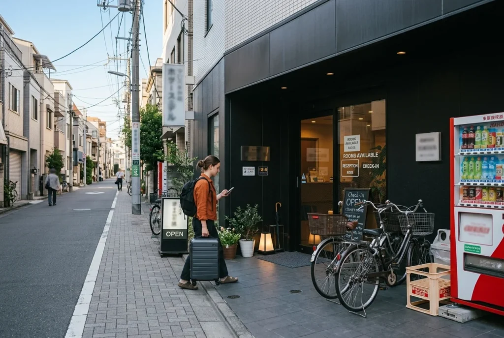 Traveler outside a practical business hotel on a Tokyo street