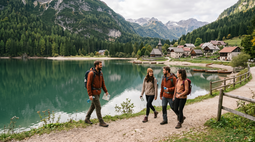 Budget travelers hiking beside a mountain lake in affordable Europe