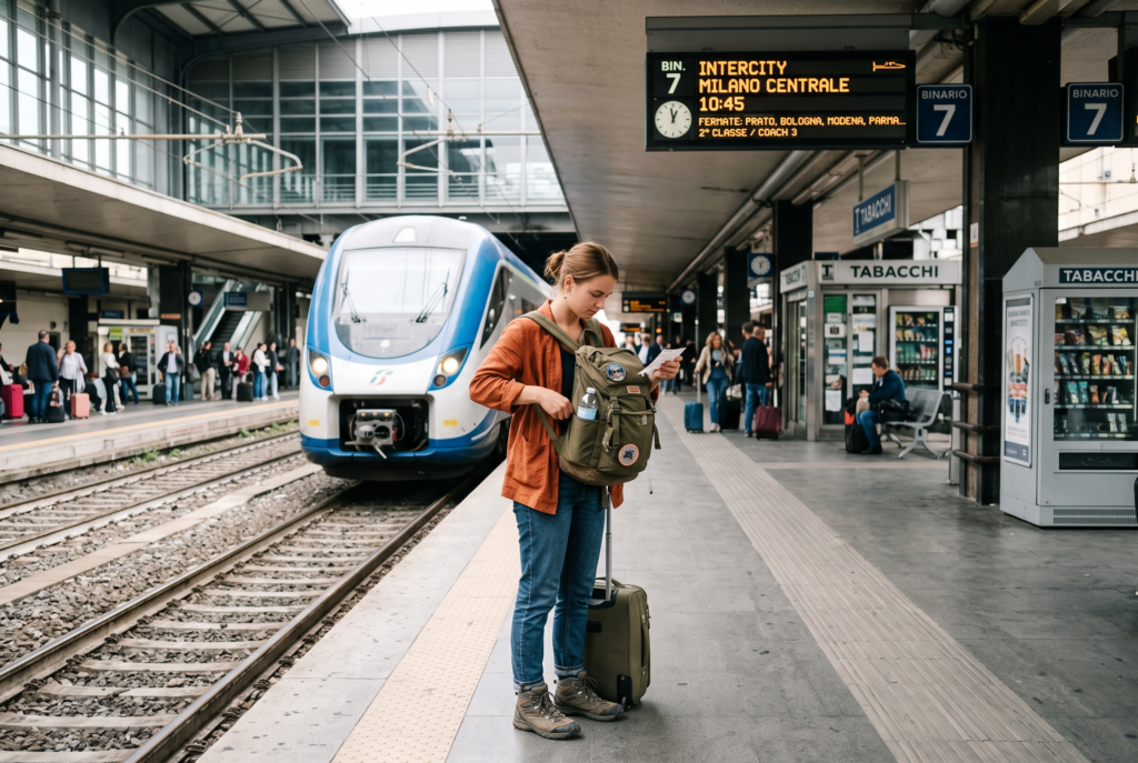 Budget traveler using trains to travel around Italy