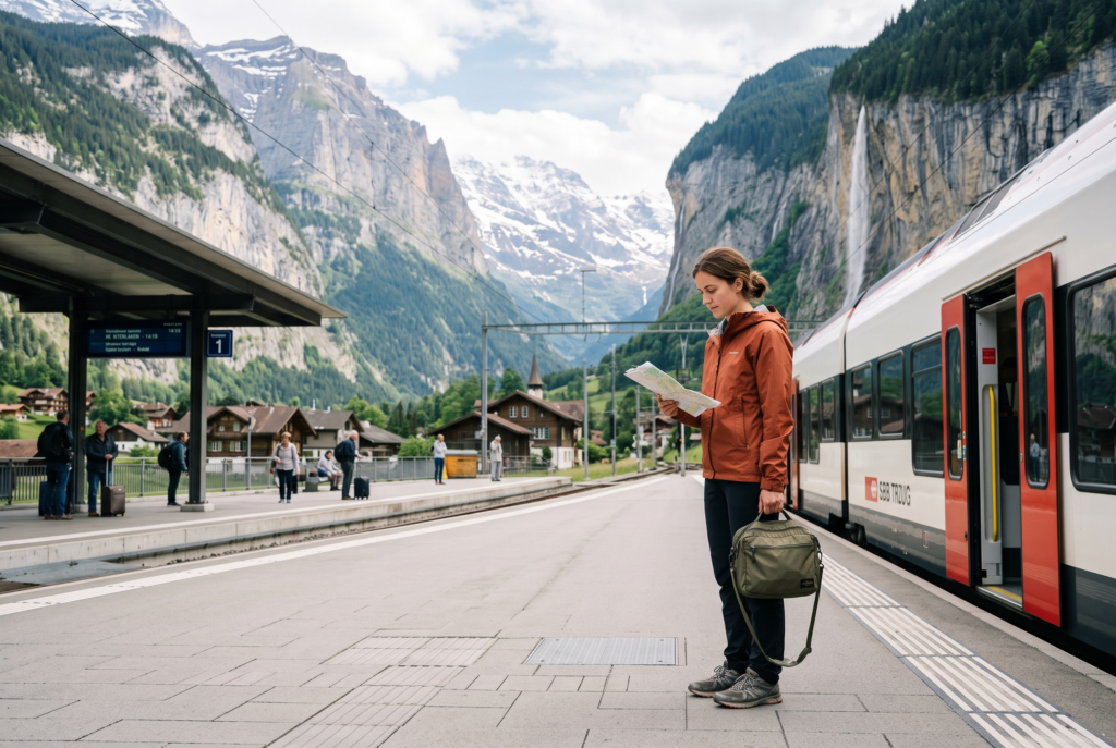 Traveler using Swiss trains while traveling Switzerland on a budget