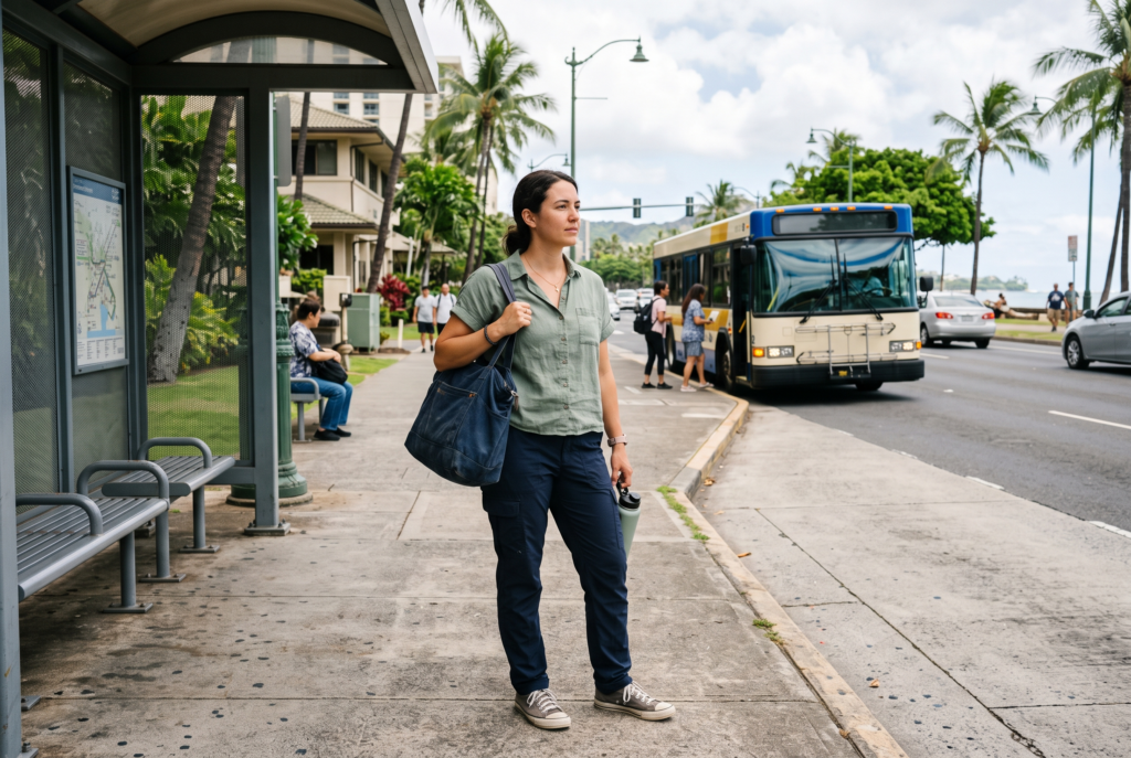 Traveler exploring Hawaii on a budget by public transport