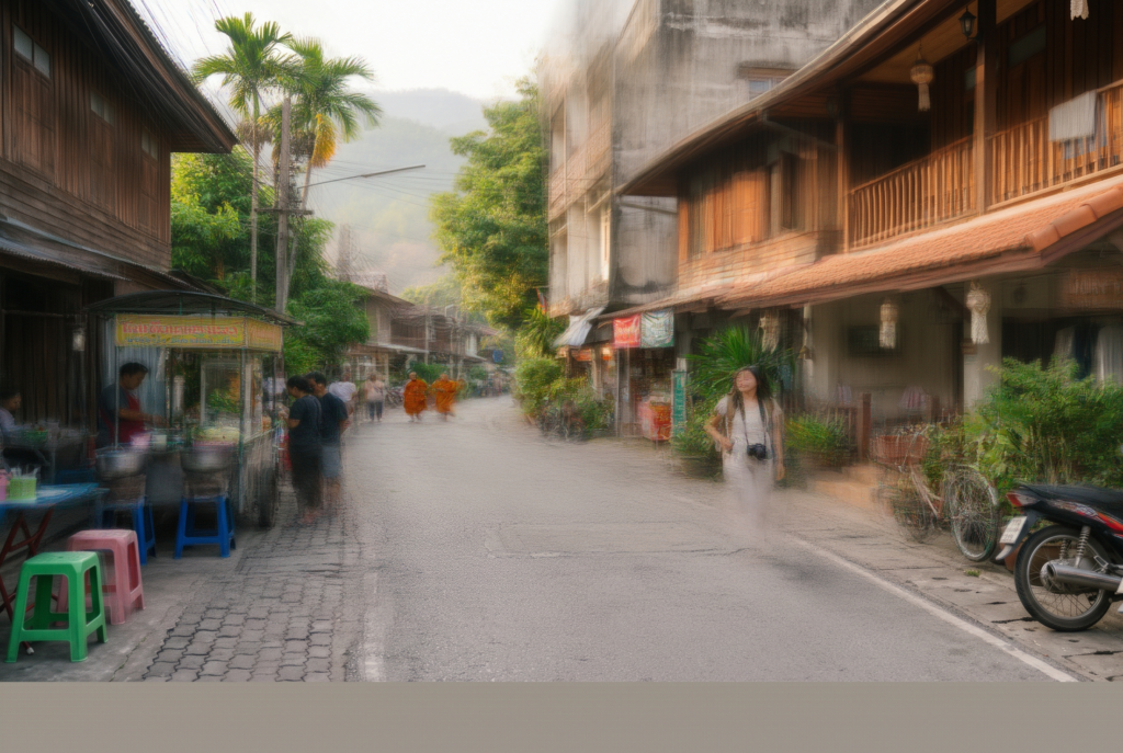 Budget traveler exploring a local street in Chiang Mai, Thailand