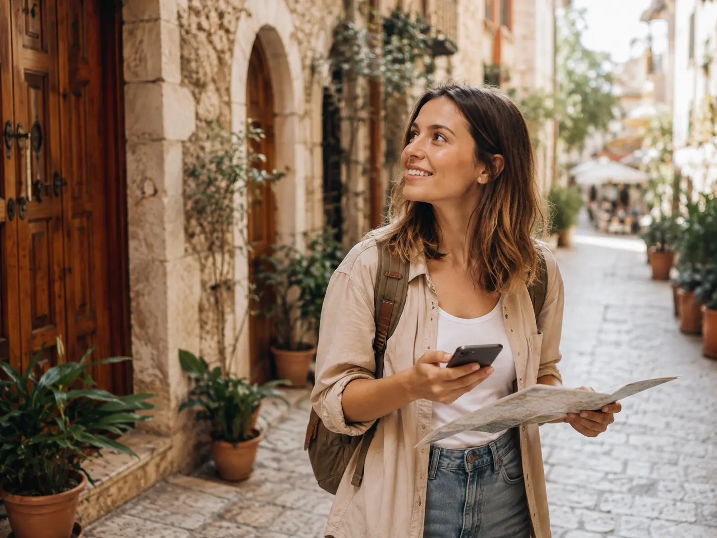 Traveler holding a map and smartphone on a pedestrian street.