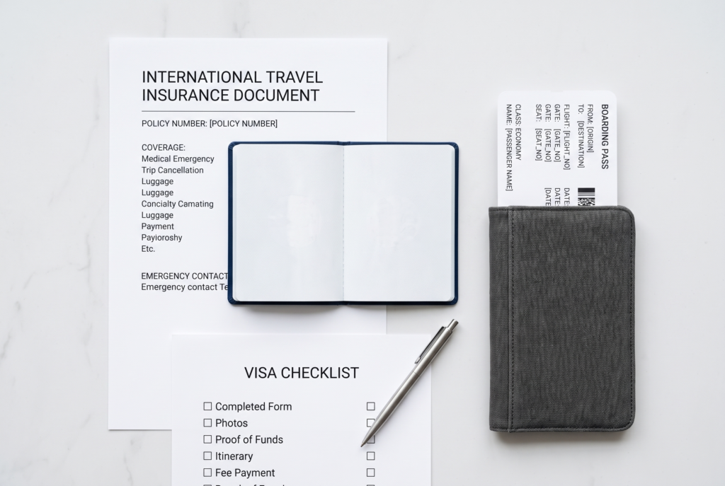 Passport, travel insurance and visa documents prepared for a trip