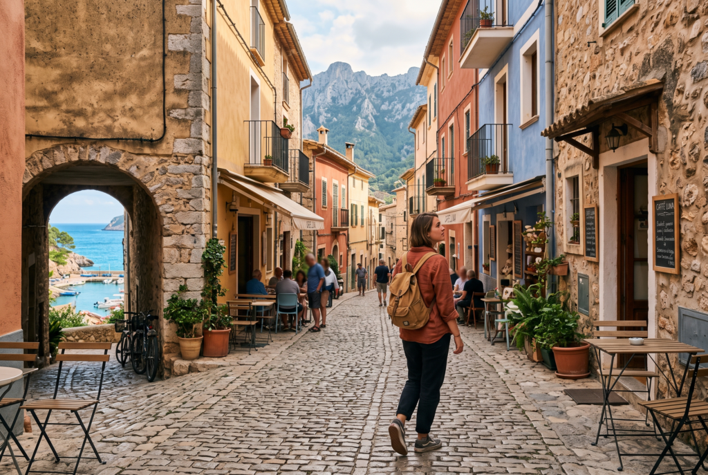 Traveler exploring an affordable European old town with historic streets and coastal scenery