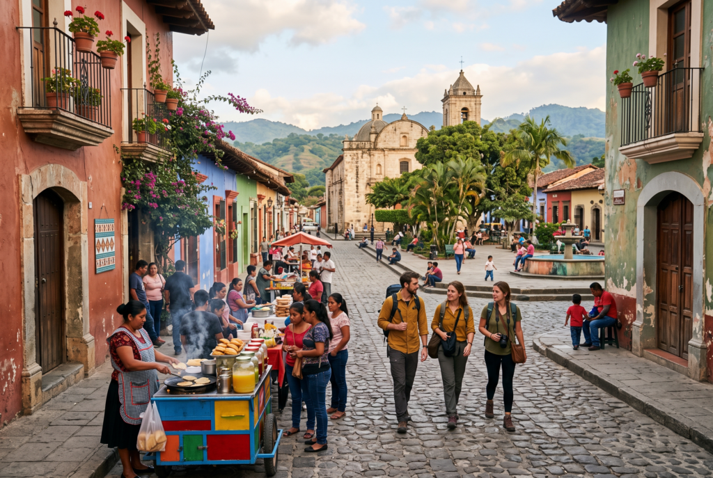 Travelers exploring a colorful Latin American street with local food and historic architecture