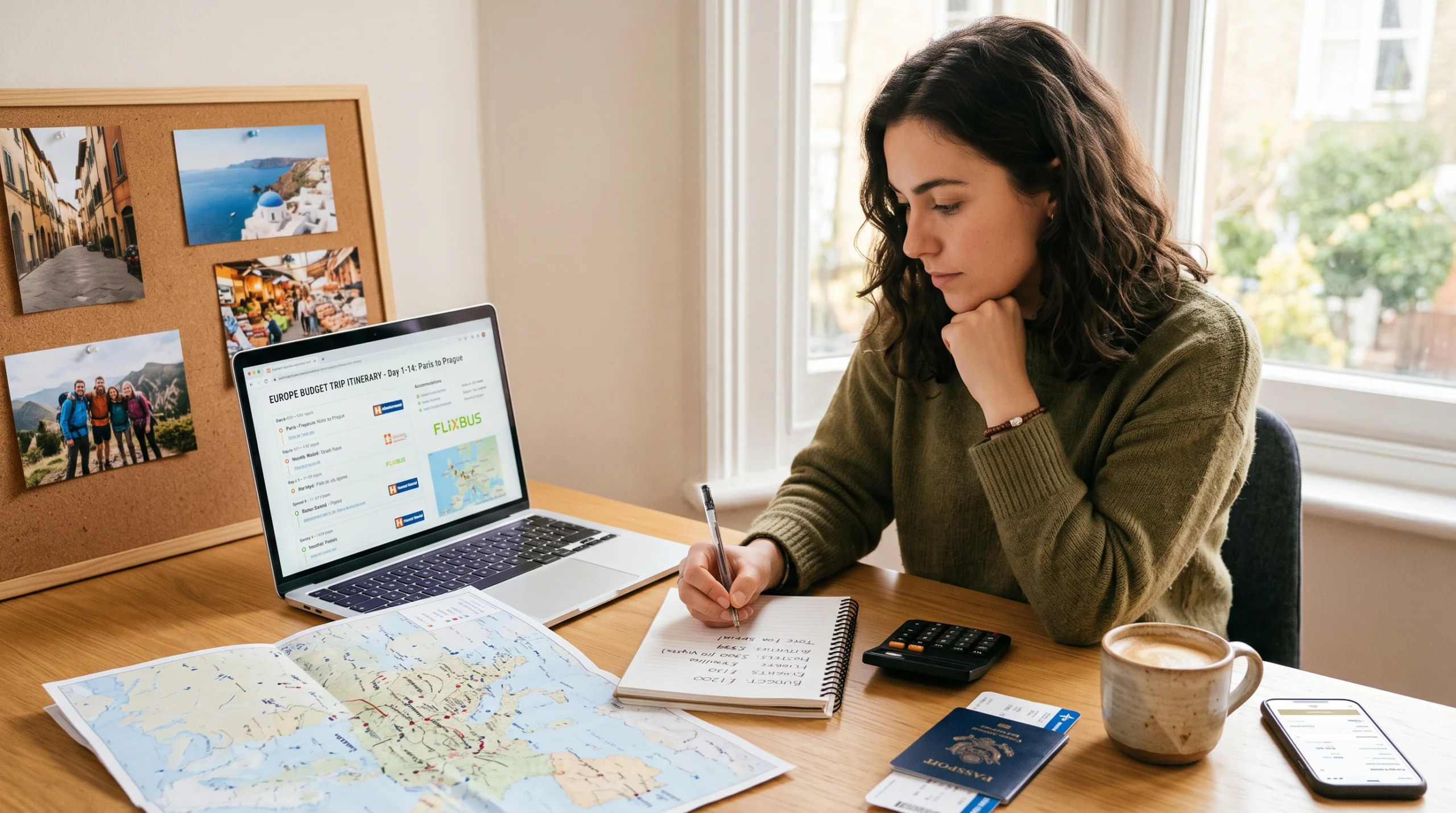 Person planning a trip at a desk with a laptop, maps, notebook, calculator, and passport.