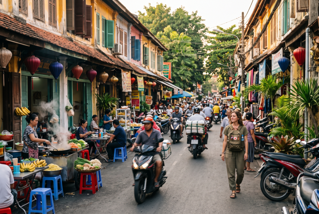 Budget traveler exploring a lively Southeast Asian street with local food and traditional architecture