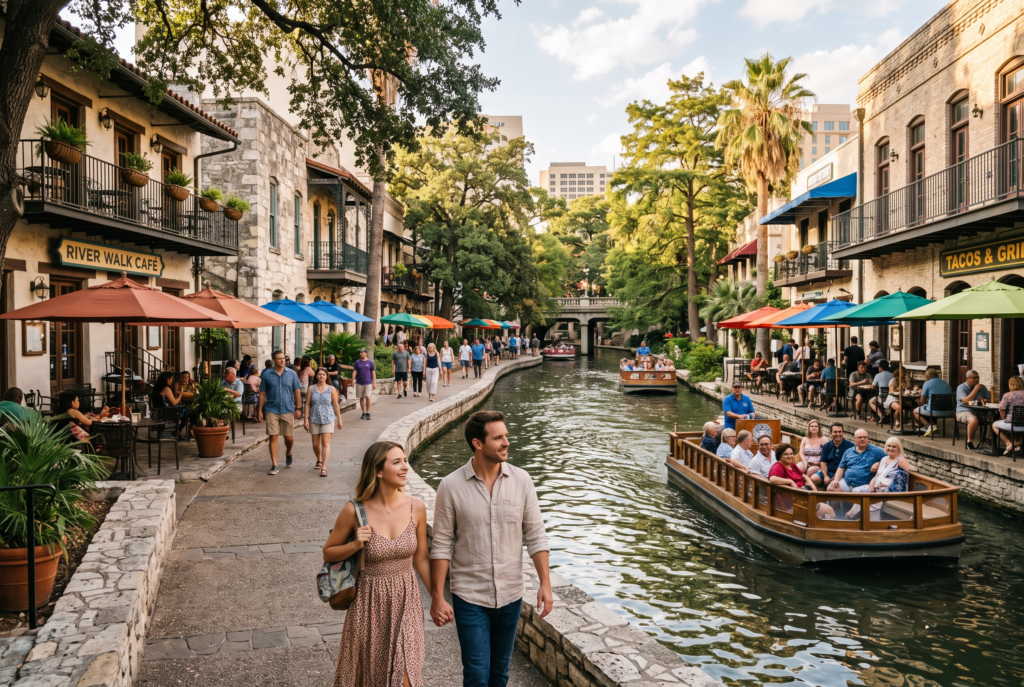 Travelers walking along a riverside path during an affordable San Antonio city break