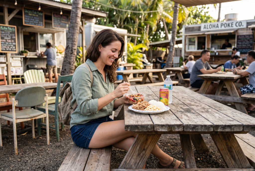 Traveler eating poke at a casual outdoor food stall