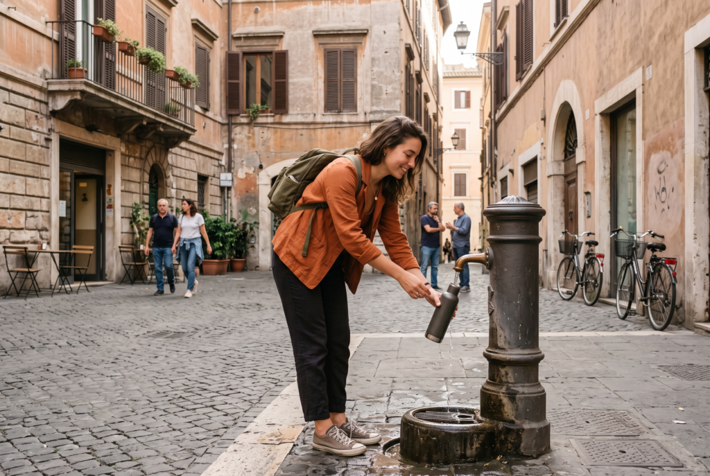 Traveler refilling a water bottle at a public fountain in Rome