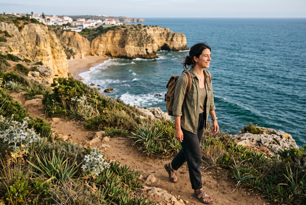Traveler enjoying a free coastal walk while visiting Portugal on a budget