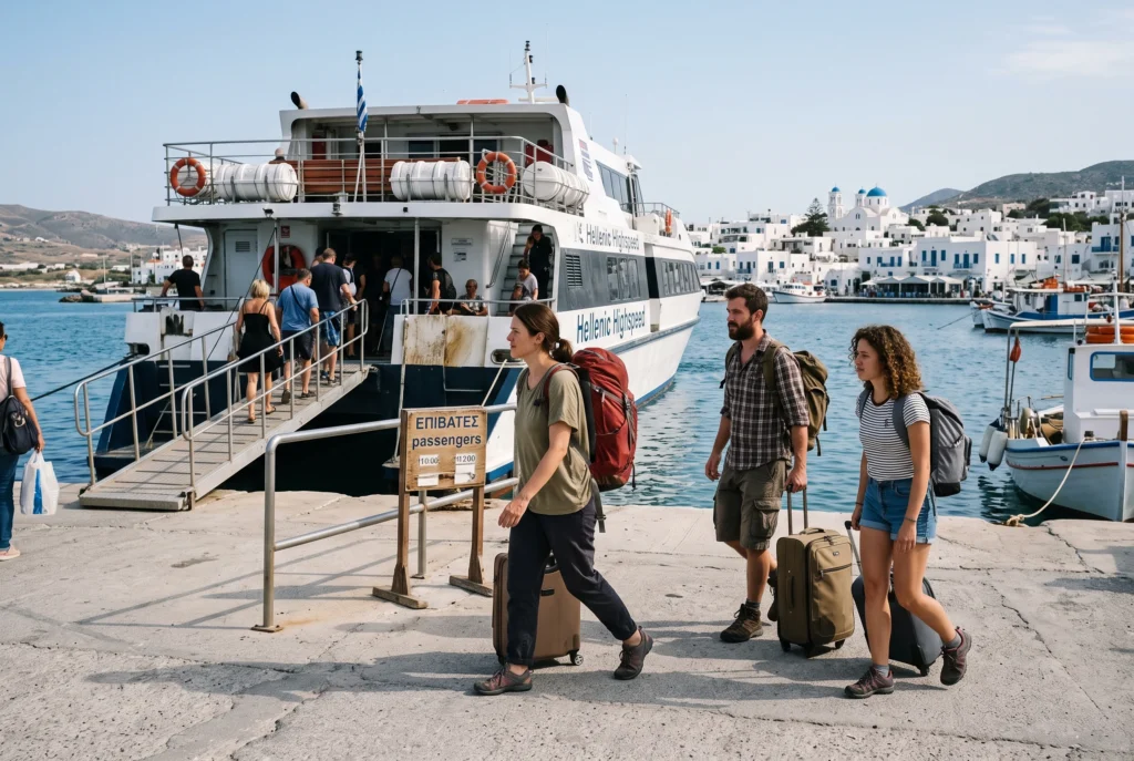 Travelers boarding a ferry during a Greek island hopping trip