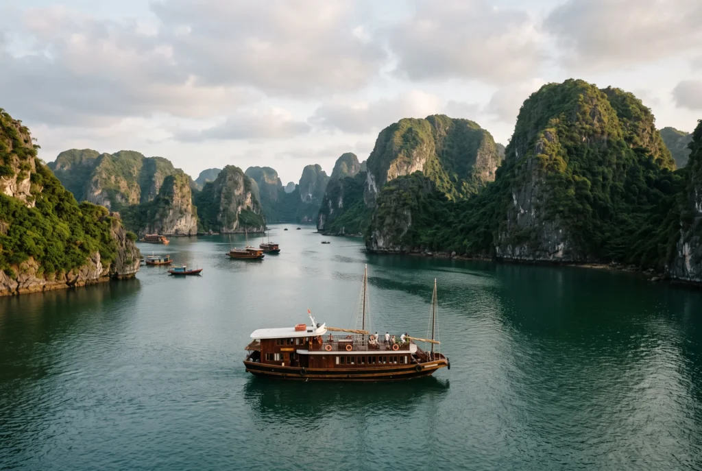Cruise boat among limestone islands in Ha Long Bay, Vietnam