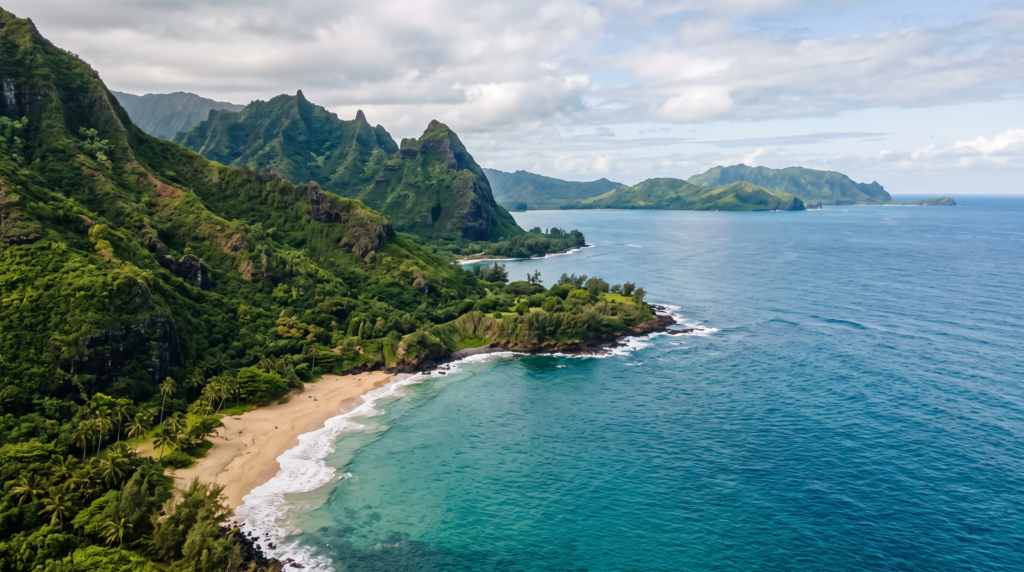 Lush Hawaiian coastline with mountains and ocean