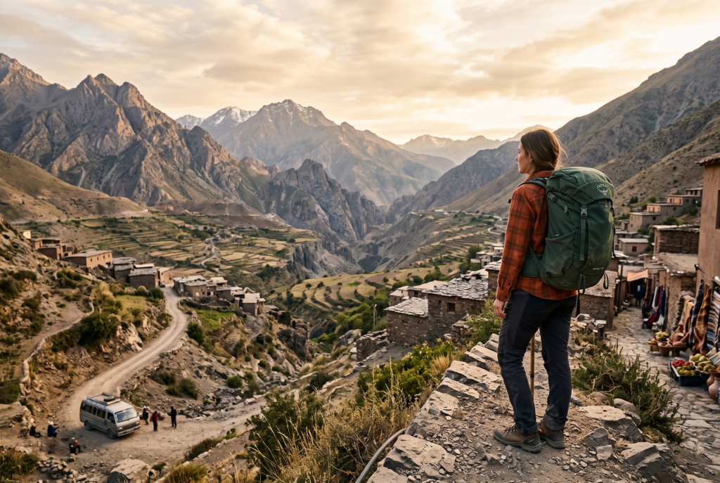 Budget traveler overlooking a mountain landscape during an affordable adventure trip