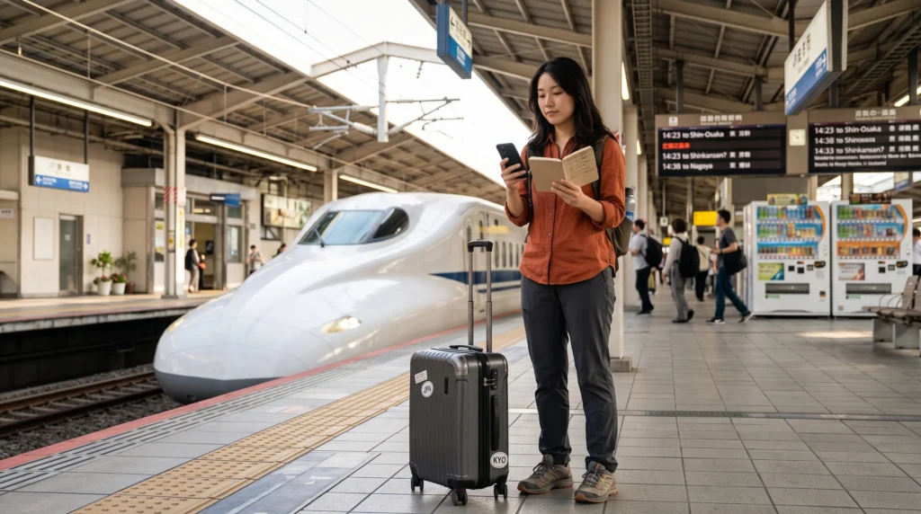 Female traveler planning the cost of a Japan trip with a map, passport, phone, and Japanese yen