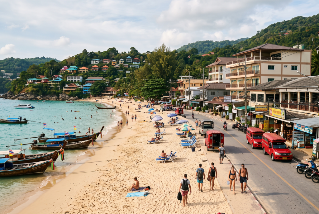 Travelers near a beach and local transport in Phuket, Thailand