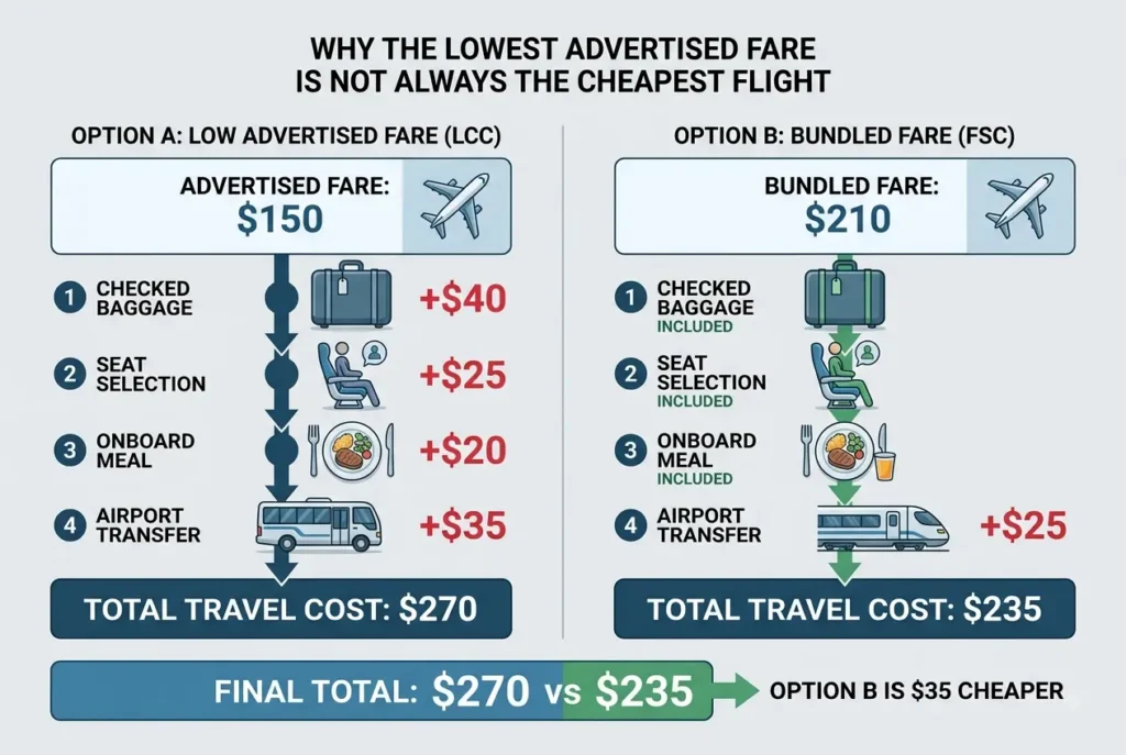Cheap airfare compared with the total cost of a flight