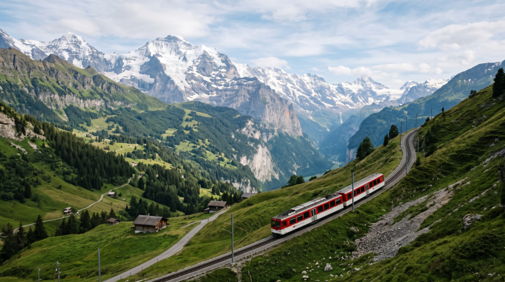 Mountain railway climbing through the Swiss Alps