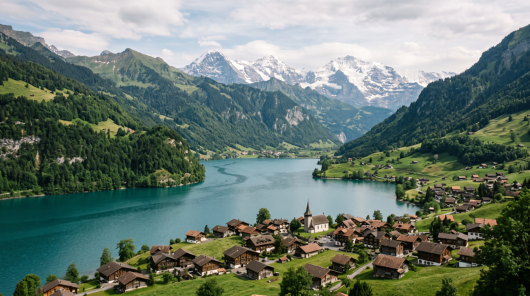 Swiss Alps and lake landscape for a Switzerland budget travel guide
