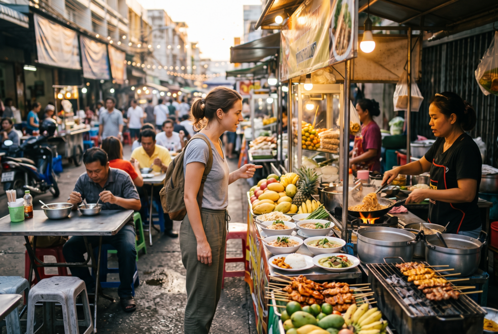 Affordable Thai street food being served at a local market