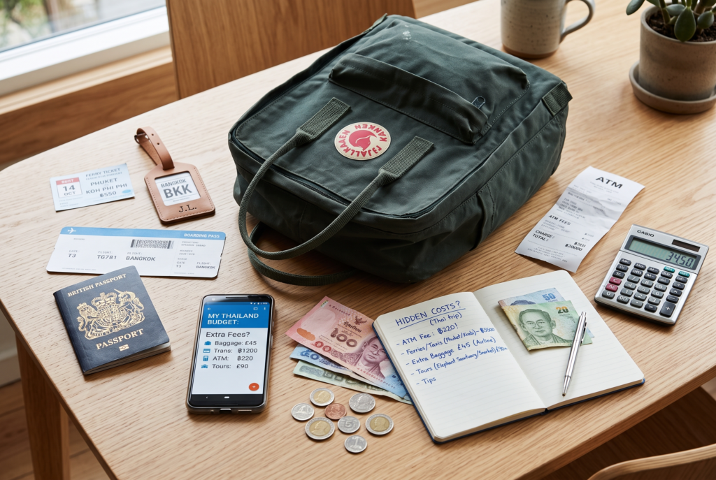 Travel documents, luggage, cash, and expense notes representing hidden Thailand travel costs