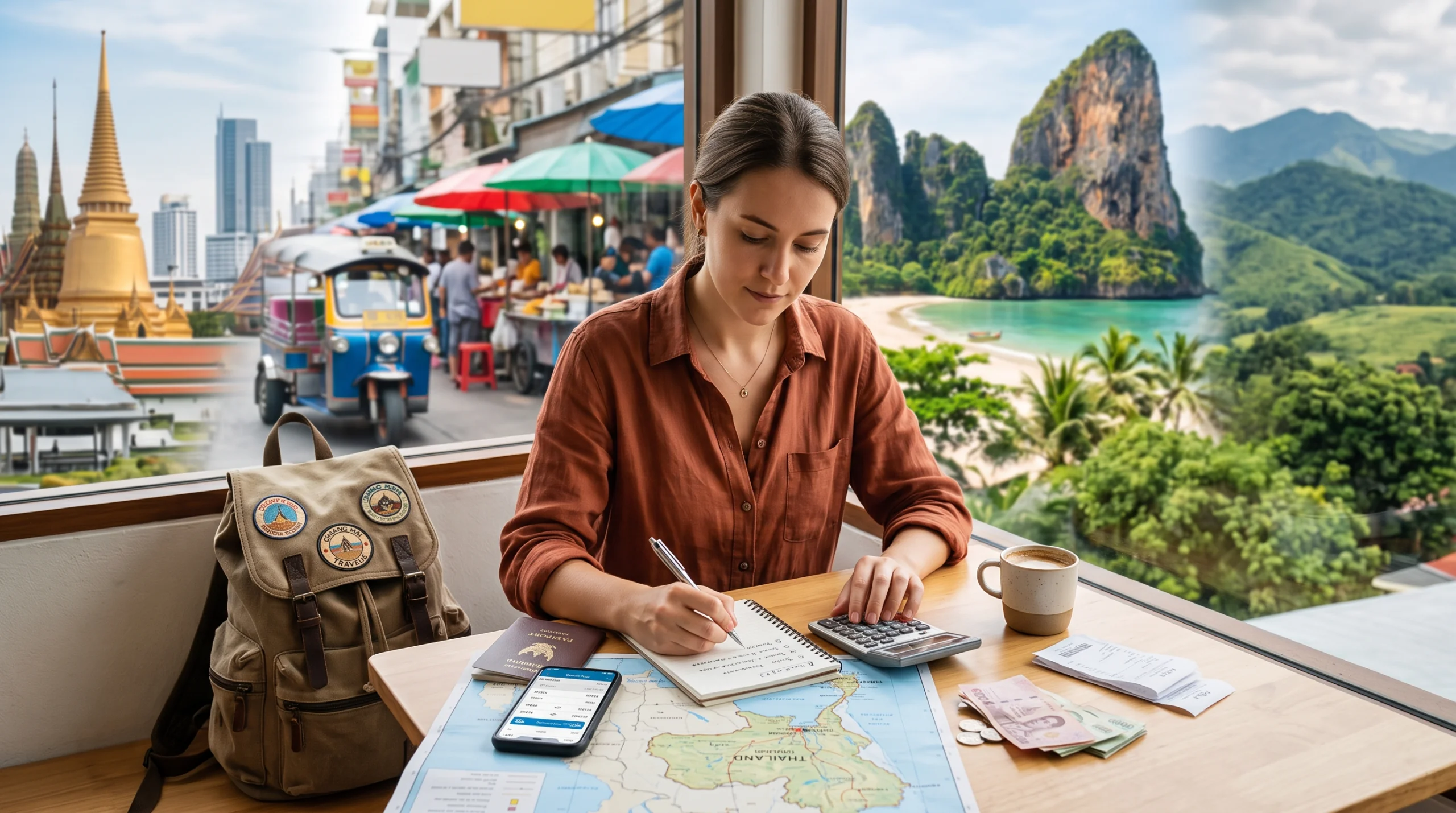 Traveler planning a Thailand travel budget with a map, passport, phone, and expense notes