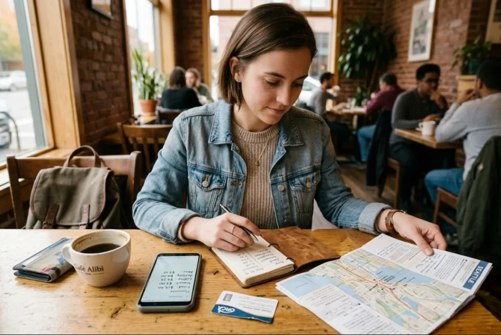 Traveler tracking daily expenses during a trip