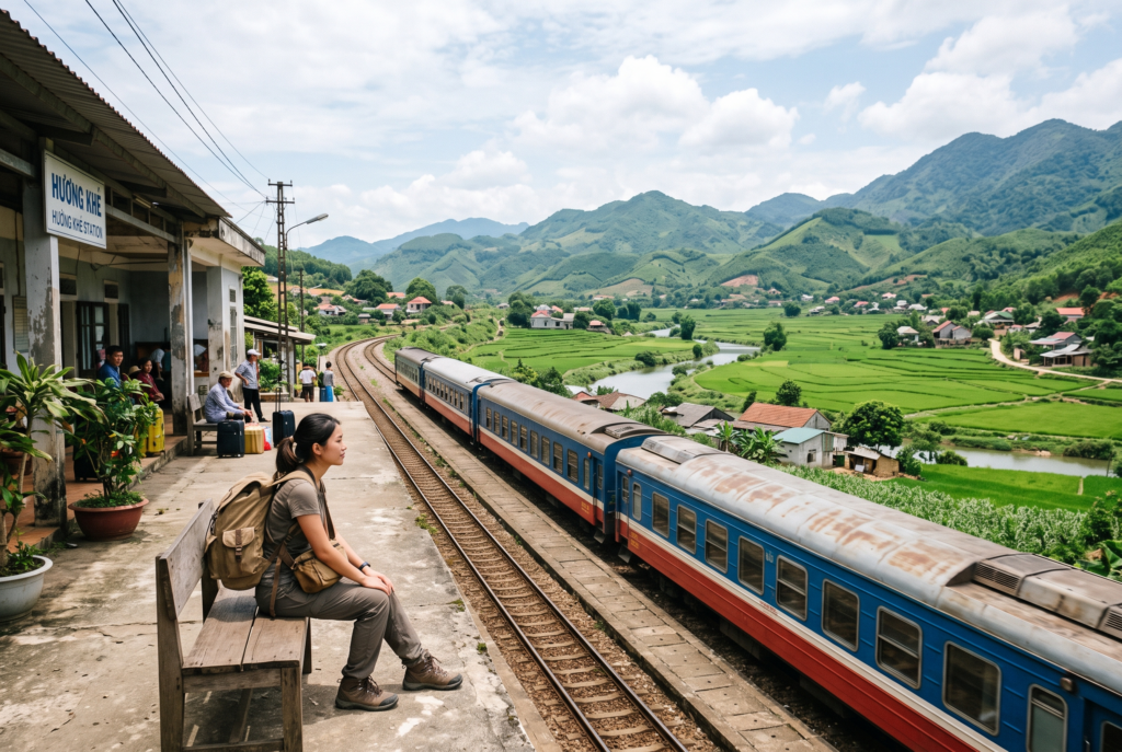 Passenger train traveling through Vietnam with a backpacker at a railway station