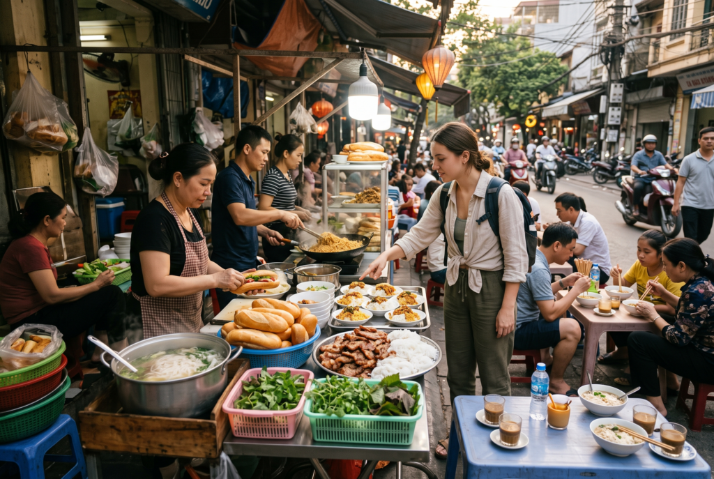 Vietnamese street food with pho, banh mi, and local dishes at a food stall