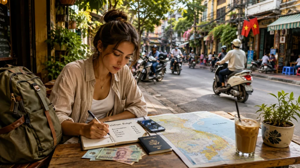 Travel documents, Vietnamese currency, luggage, coffee, and expense notes representing hidden travel costs