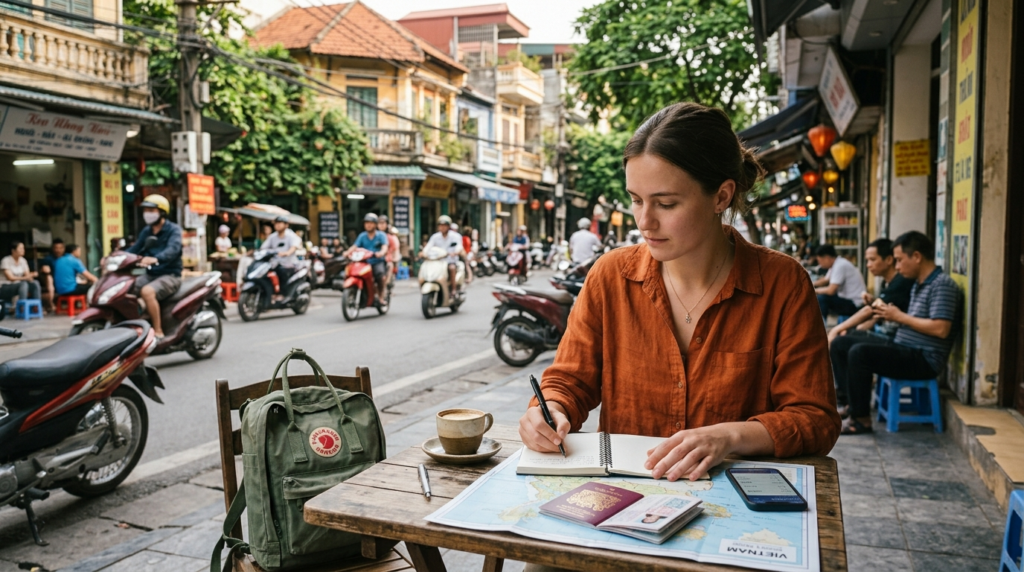 Traveler planning a Vietnam travel budget with a map, passport, phone, and expense notes