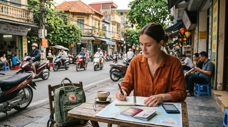 Traveler planning a Vietnam travel budget with a map, passport, phone, and expense notes