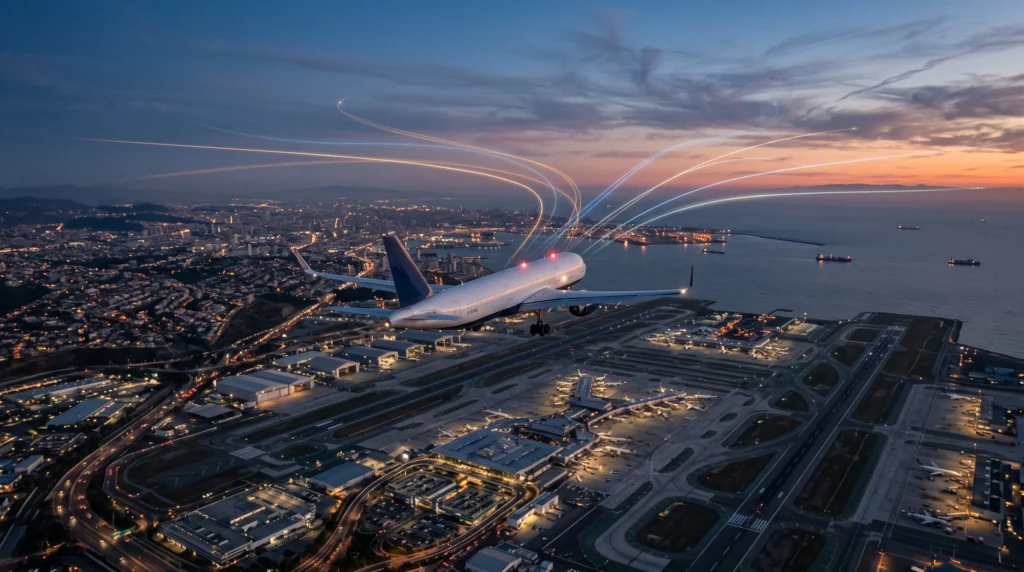 Airplane approaching an international airport at dusk