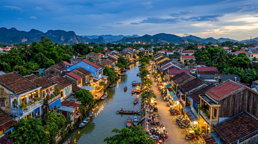 Peaceful Asian countryside with mountains and rice fields