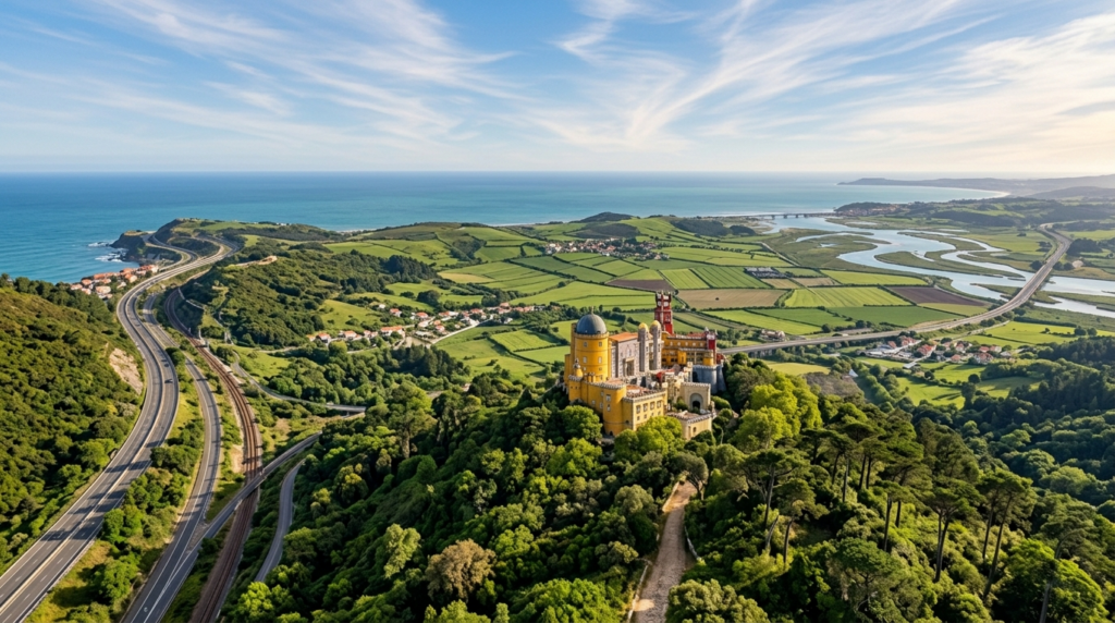 Lisbon Portugal countryside with green hills and historic architecture