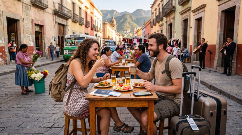 Two travelers enjoying a meal at an outdoor street market with backpacks beside them