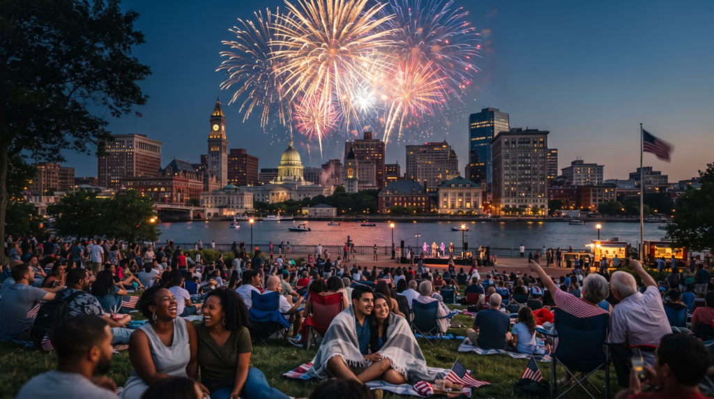 Fourth of July fireworks over an American city