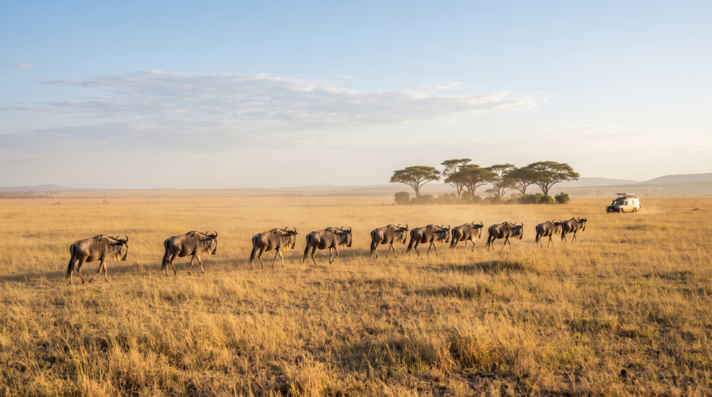 Wildebeest crossing the Serengeti in Tanzania in July