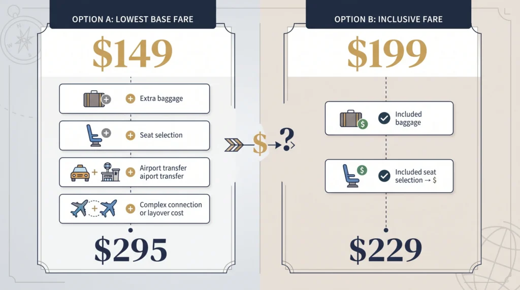 Comparing airfare with baggage and airport costs