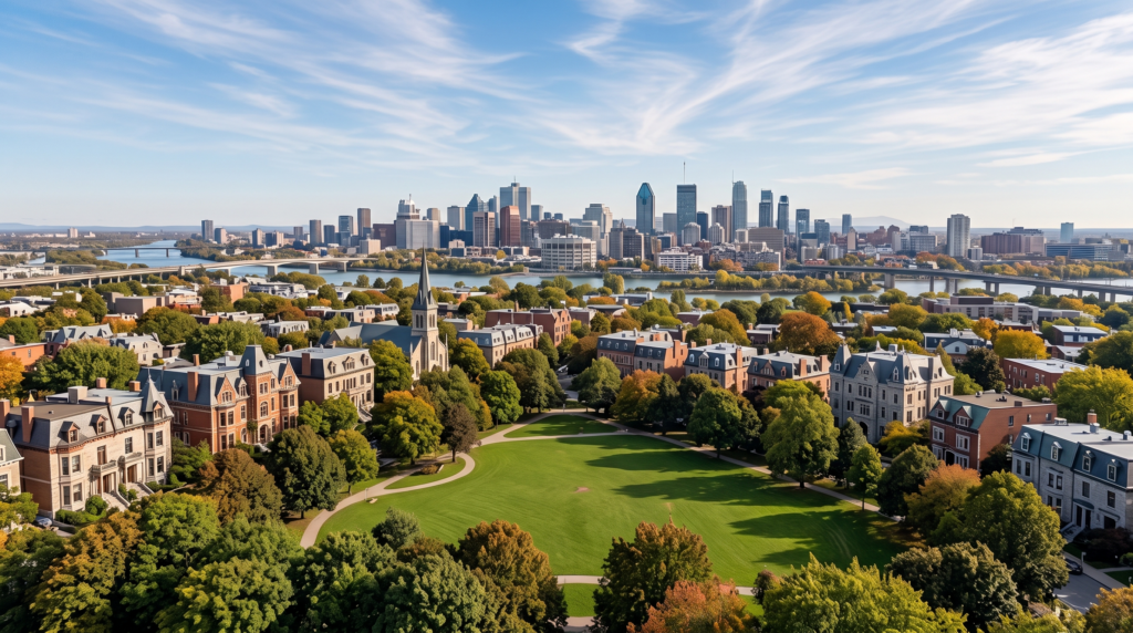 Montréal Canada skyline beside a green park